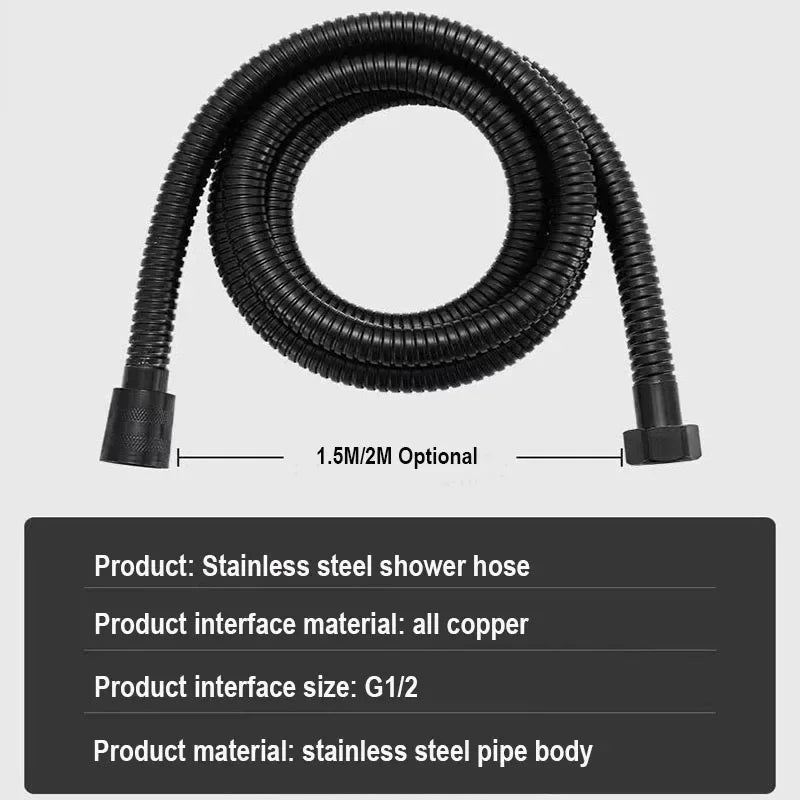 Flexible Shower Hose 1.5/2M — Black/Silver Stainless Steel Bathroom Extension Pipe and Accessories