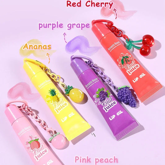 Women’s Fruit Flavor Lip Oil with Keychain – Moisturizing Nourishing Portable Lip Gloss Lip Glaze