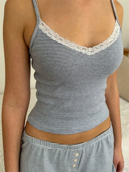 Women’s 2-Piece Loungewear Set – Striped Lace Trim Sleeveless Tank Top & Shorts Summer Pajama Sleepwear Outfit