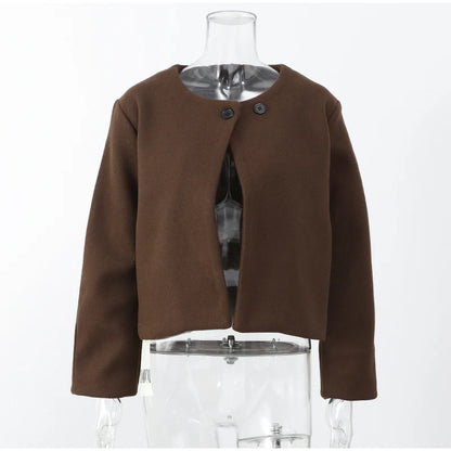 2024 Women's Elegant Solid Wool Blend Cardigan Coat – Round Neck, Single Button, Long Sleeve High Street Outwear