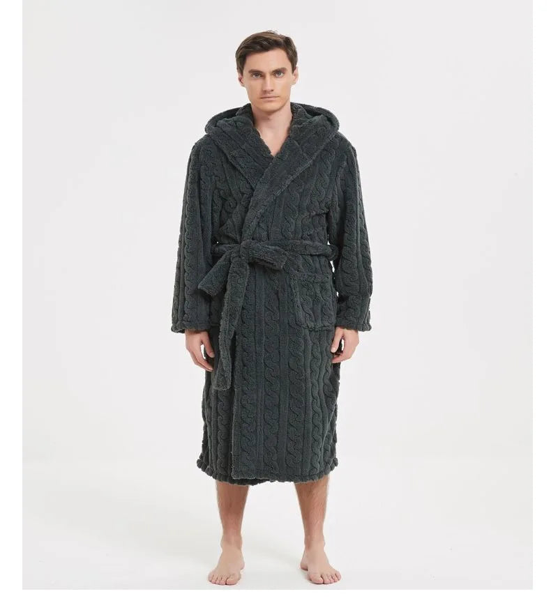 Men’s Fall & Winter Warm Hooded Robe – Thickened Cotton Velvet Jacquard Homewear for Couples