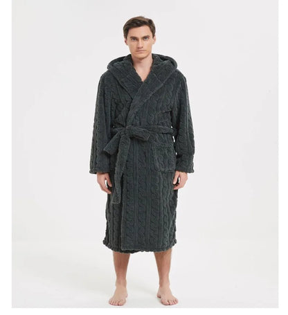 Men’s Fall & Winter Warm Hooded Robe – Thickened Cotton Velvet Jacquard Homewear for Couples