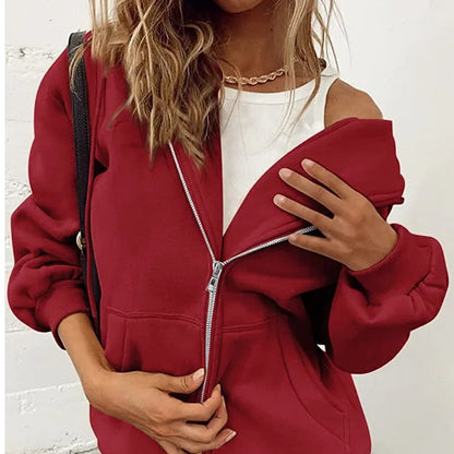 Women’s Gray Zip-Up Hoodie Sweatshirt – Autumn Winter Long Sleeve Jacket with Pockets