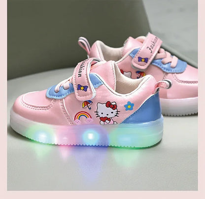 LED Kids Shoes for Girls — Cute Hello Kitty Cartoon Canvas Sneakers, Soft-Bottom Casual Shoes, Baby Girl Kawaii Footwear