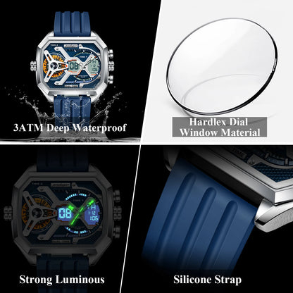 POEDAGAR Men's Luxury LED Wristwatch – Electronic Quartz Watch with Calendar, Week Display, Luminous Hands, and Silicone Strap
