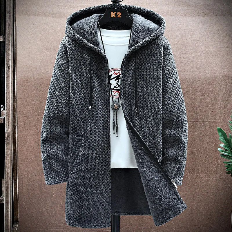 Men's Cashmere Hooded Cardigan Coat – Warm Fleece Long Sweater Jacket for Autumn Winter