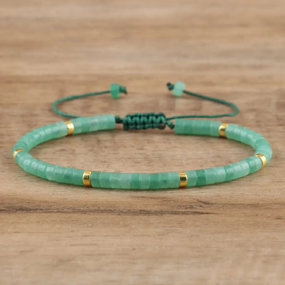 Natural Blue Emperor Stone Beaded Bracelet – Polished Block Beads, Adjustable Woven Rope Women’s Gift Jewelry