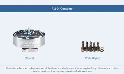 T-Motor P1604 FPV Brushless Motor — KV2850 6S / KV3800 4S, 2mm Shaft for 3.5-Inch Freestyle Sub-250g Racing Drone