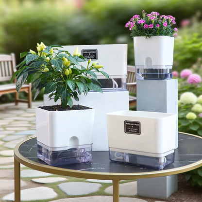 Double-Deck Self-Watering Flower Pot - Magnetic Plastic Planter with Self-Absorbing Cotton Wick for Indoor Plants, Home, and Garden