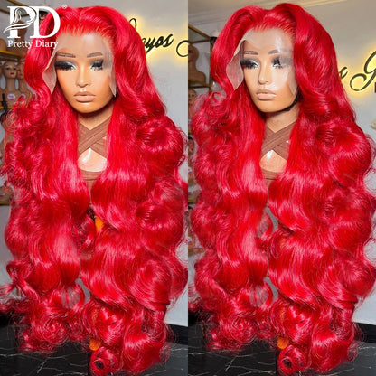 30 Inch Hot Red Body Wave Wig – 13x4 Lace Front, Pre-Plucked Brazilian Human Hair, HD Transparent 13x6 Lace Frontal Wig