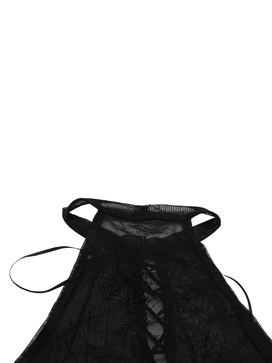 Halloween Women's Bodysuit — Long Sleeve Cold Shoulder Spider Web Romper, Sheer Clubwear Top