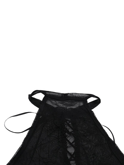 Halloween Women's Bodysuit — Long Sleeve Cold Shoulder Spider Web Romper, Sheer Clubwear Top