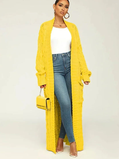 Women’s Yellow Knitted Cardigan – Long Sleeve Crochet Sweater Jacket for Autumn & Winter