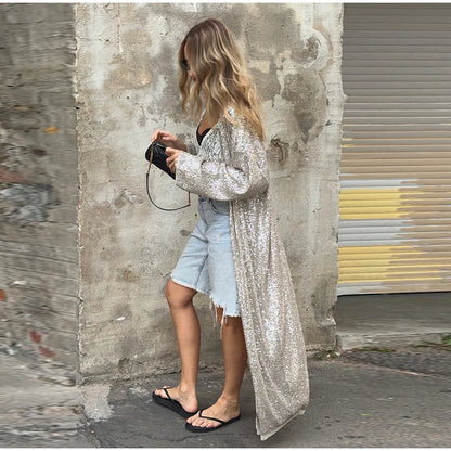Women’s Sparkly Sequin Maxi Coat – Luxury Open Front Long Sleeve Outerwear