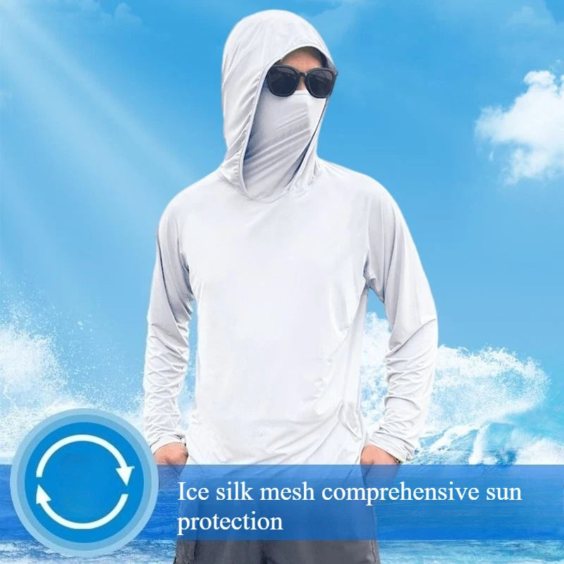 Men's Hooded Sun Protection Shirt - Lightweight Ice Silk Long Sleeve Cooling Pullover for Cycling & Fishing