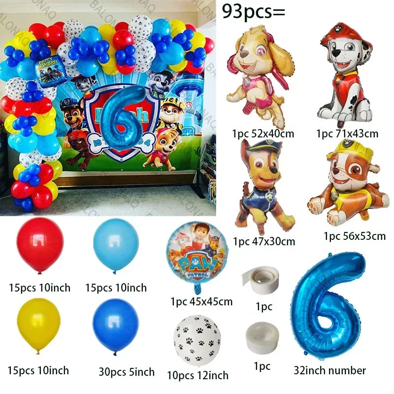 93Pcs Paw Patrol Dog Theme Birthday Party Decoration Set – Balloons, Bone & Aluminum Foil Decor Kit for Kids Party Supplies