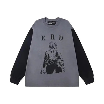 Washed Casual Hoodie Sweatshirt — Unisex Loose-Fit Street Style Crew Neck with Lip Print Letter Design, Vintage Comfortable Top