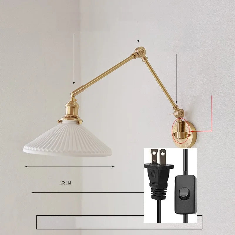 IWHD 2022 Ceramic Copper LED Wall Lamp — Adjustable Swinging Long Arm Light for Bedroom & Living Room