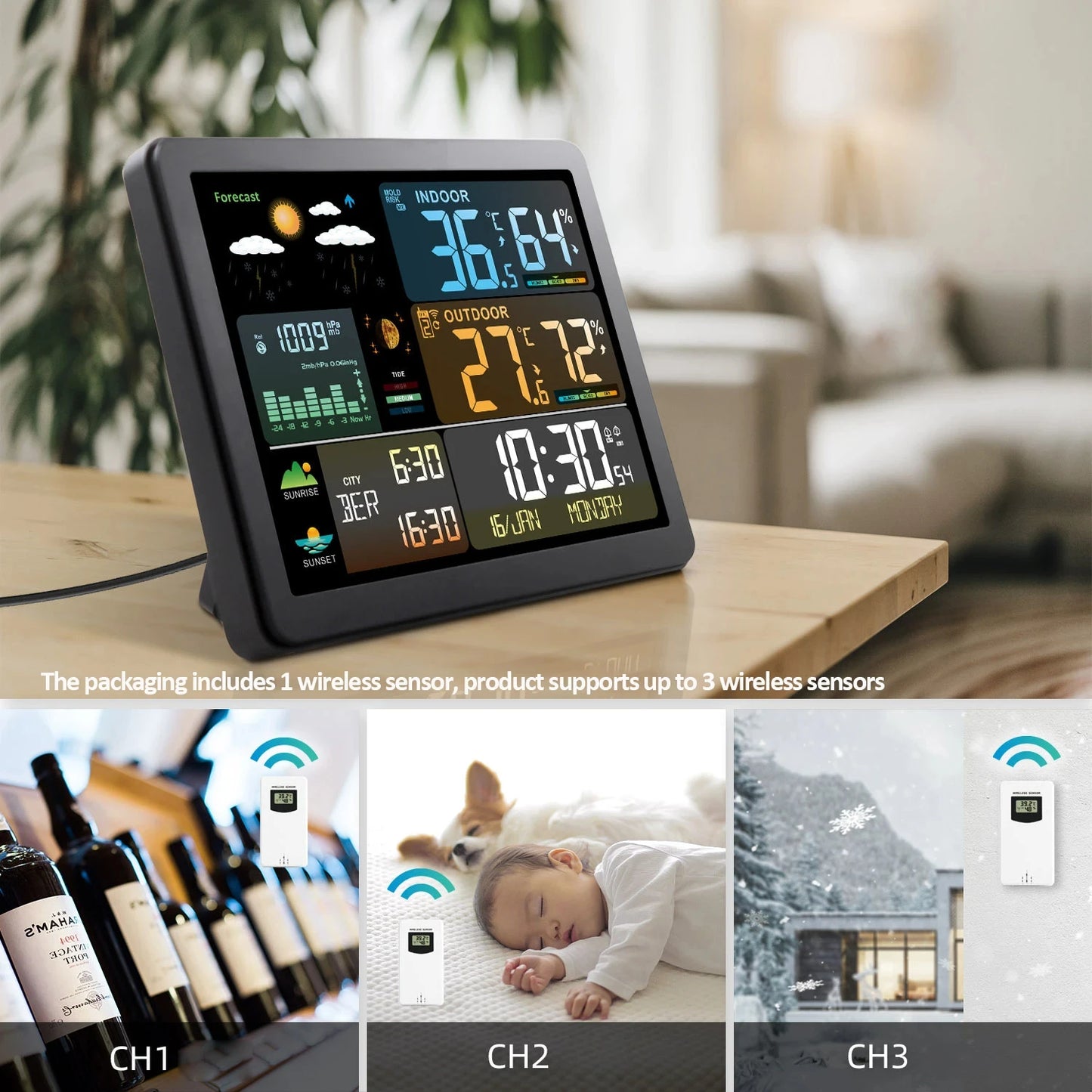 Digital Weather Station Clock - Indoor/Outdoor Temperature & Humidity Meter with Weather Forecast Wireless Table Clock