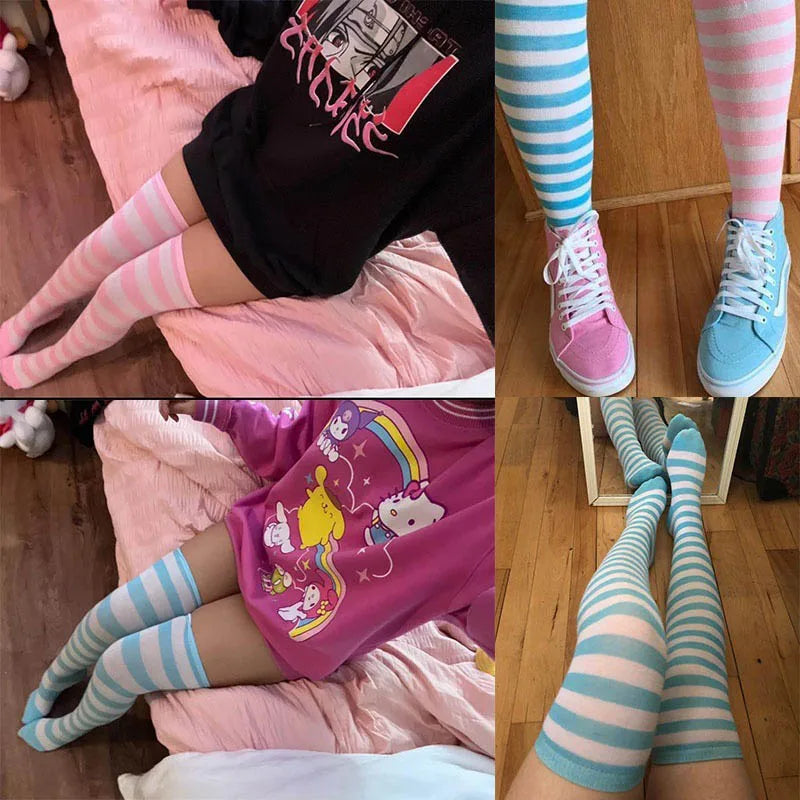 Color Striped Japanese Over-Knee Socks – Fashionable Slim Fit Black & White Stockings for Women