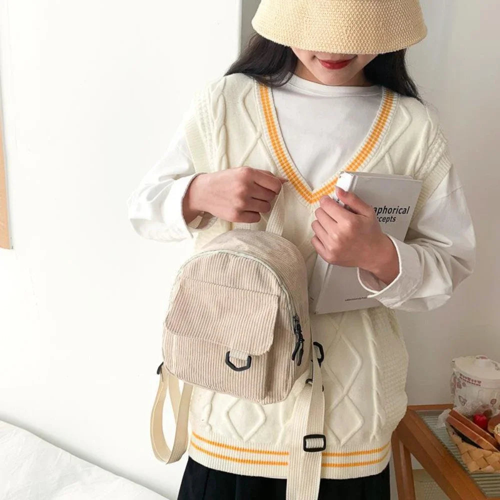 Women's Mini Backpack - Fashionable Solid Color Corduroy Casual Schoolbag with Large Capacity
