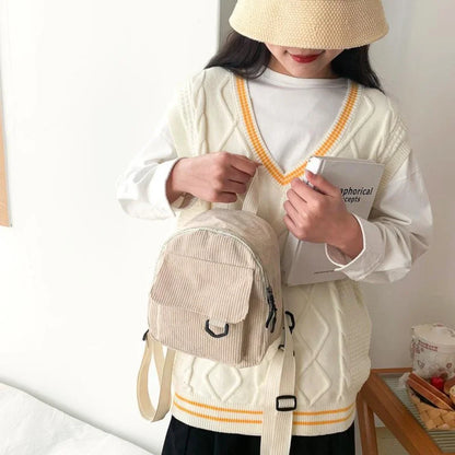 Women's Mini Backpack - Fashionable Solid Color Corduroy Casual Schoolbag with Large Capacity