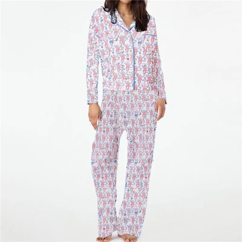 Roller Rabbit Monkey Pajamas Set – Cute Y2K Long Sleeve 2-Piece Loungewear & PJ Pants for Women