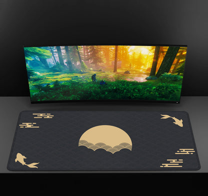 Japanese XXL Desk Mat 90x40 — Black & Red Koi Fish Gaming Mouse Pad, Sunrise Art Rubber Mousepad