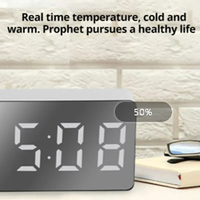 White LED Mirror Table Clock – USB Digital Alarm Clock with Snooze, Night Light & Time Display for Home Decor