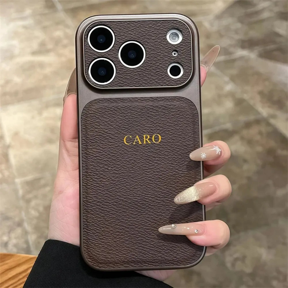 Personalized Initial Leather iPhone Case - Luxury Gold & Silver Monogram Cover with Lens Protection for iPhone 13–17 Series