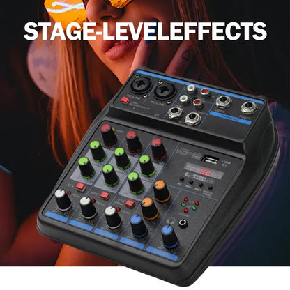 4-Channel DJ Mixer Console – Bluetooth Audio Mixer with 48V Phantom Power, USB & Karaoke Monitor System