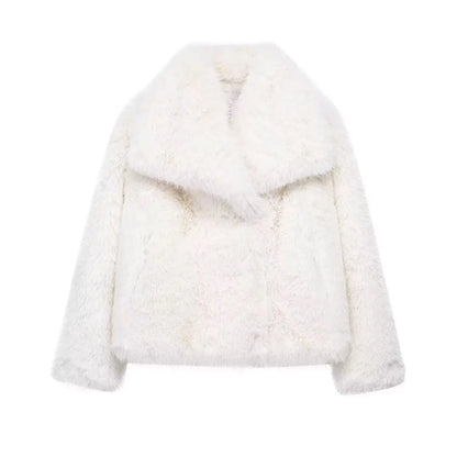 TRAF 2024 Women's Cropped Faux Fur Jacket – Chic Lapel Collar, Long Sleeve, Front Snap-Button Thick Coat
