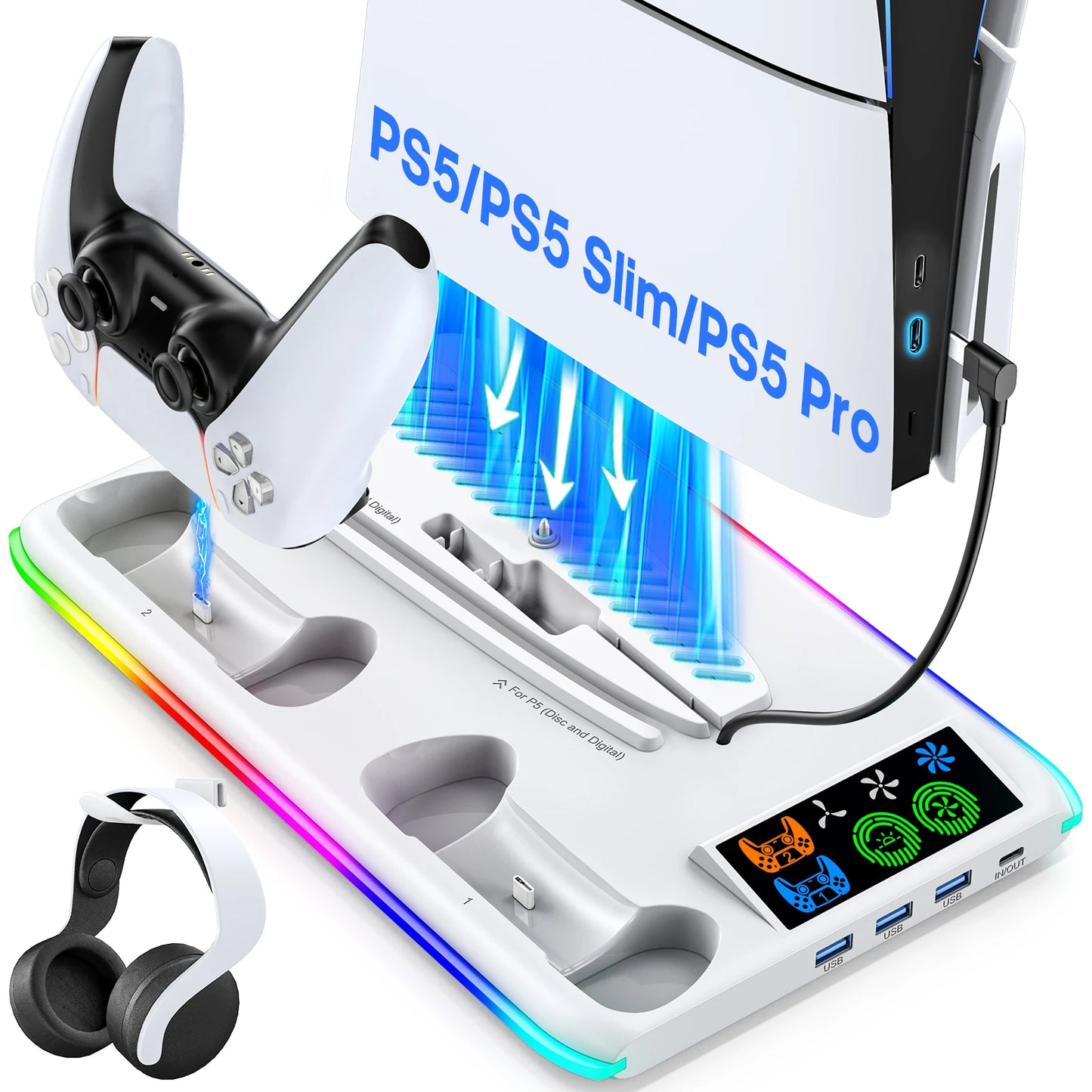 PS5/PS5 Slim/PS5 Pro Stand – Cooling Stand with Headphone Hook, Controller Charging Station & 3-Level Cooling Fan