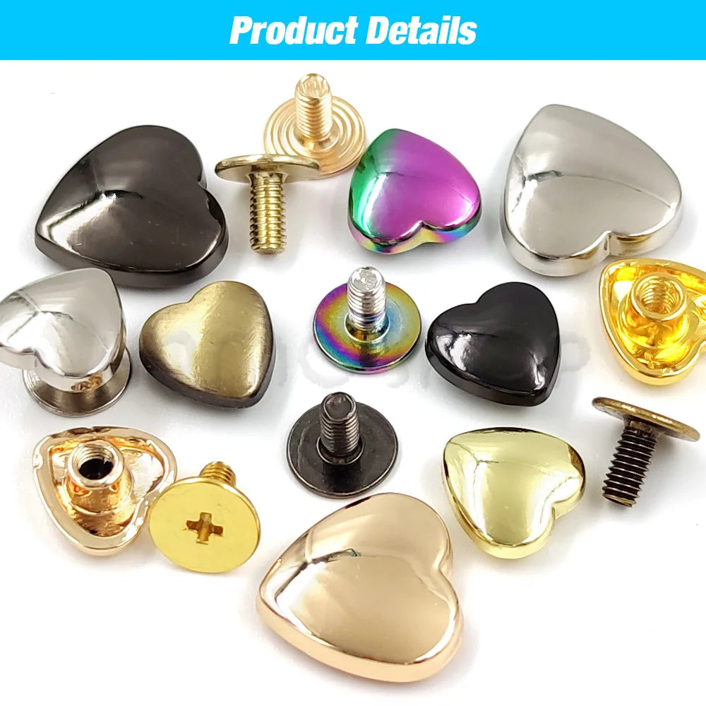 10 Set Heart-Shaped Metal Screwback Rivets 10/14mm – Screw Studs for Leathercraft, Garments, Belts & Bags