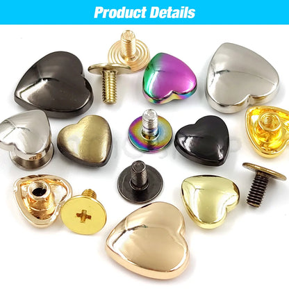 10 Set Heart-Shaped Metal Screwback Rivets 10/14mm – Screw Studs for Leathercraft, Garments, Belts & Bags