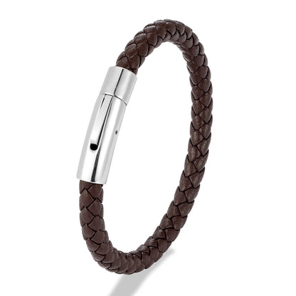 MKENDN Red Braided Leather Bracelet - 6mm Stainless Steel Button Unisex Couple Jewelry Gift Classic Simple Design