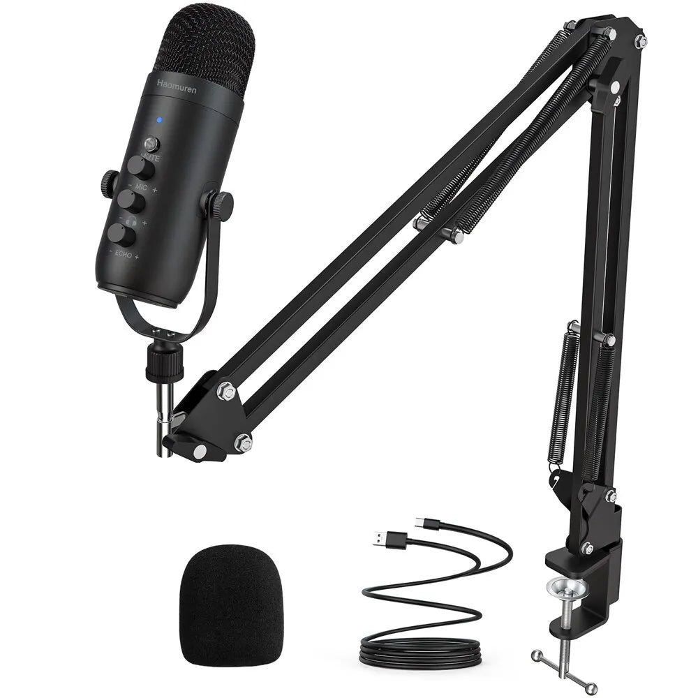 Haomuren Professional USB Podcast Microphone Kit – Cardioid Condenser Mic with Boom Arm for Streaming, Recording, and YouTube