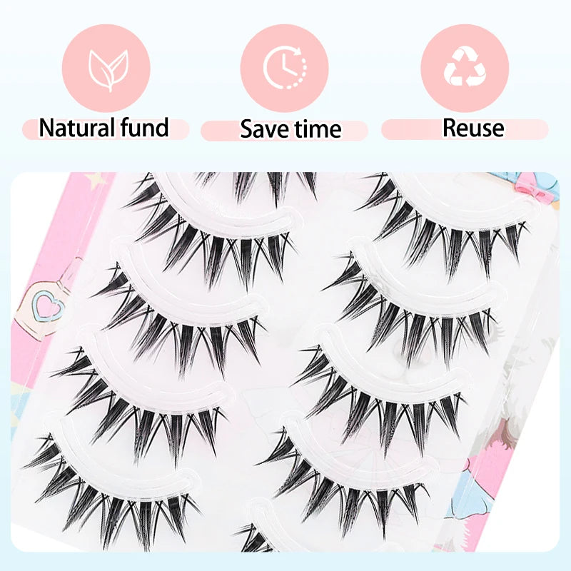 5 Pairs Manga False Eyelashes – Wispy Soft Cluster Lashes Natural Thick Clear Band Korean Anime Style Makeup Lashes