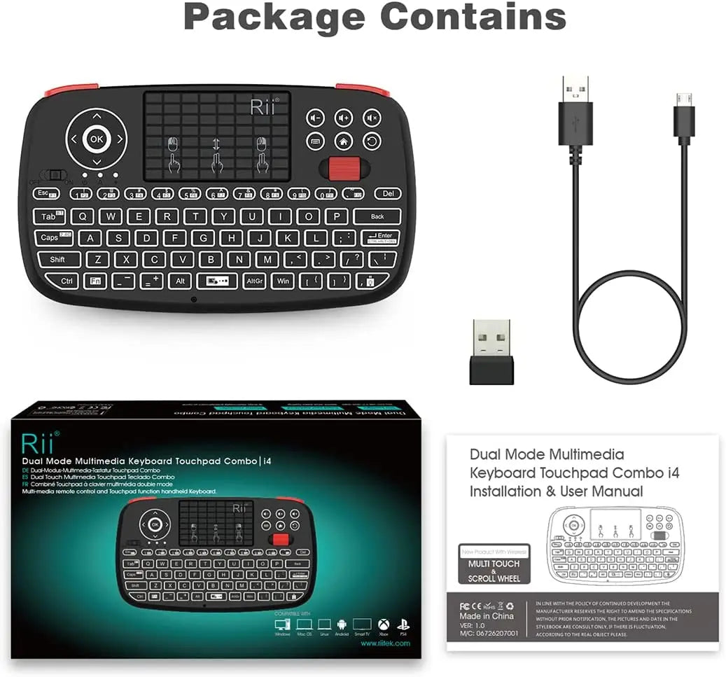 Rii i4 Mini BT Wireless Keyboard with Touchpad - 2.4GHz Backlit Mouse Remote for Windows, Android TV Box, and Smart TV