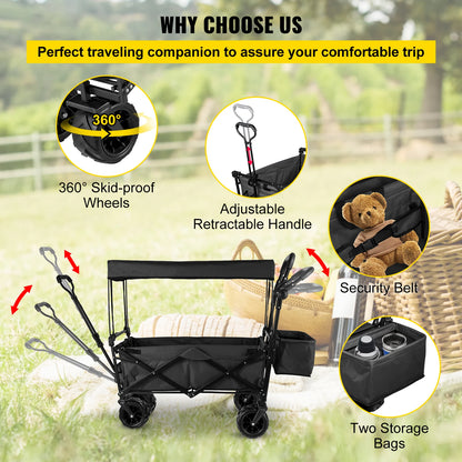 VEVOR Folding Wagon Cart with Adjustable Handle & Removable Canopy – Collapsible Oxford Cloth Utility Cart for Camping, Beach & Outdoor Use