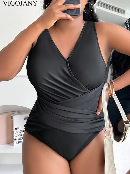 Plus Size One Piece Swimsuit for Women – VigoJany 2025 Cross Back Push Up Solid Color Beach Swimwear