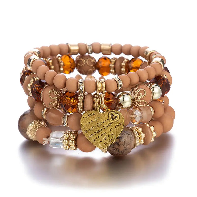 Bohemian Acrylic Beaded Bracelet Set – Solid Heart Charm Elastic Bangles for Women & Men, Retro Daily Wear Jewelry Gift