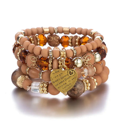 Bohemian Acrylic Beaded Bracelet Set – Solid Heart Charm Elastic Bangles for Women & Men, Retro Daily Wear Jewelry Gift
