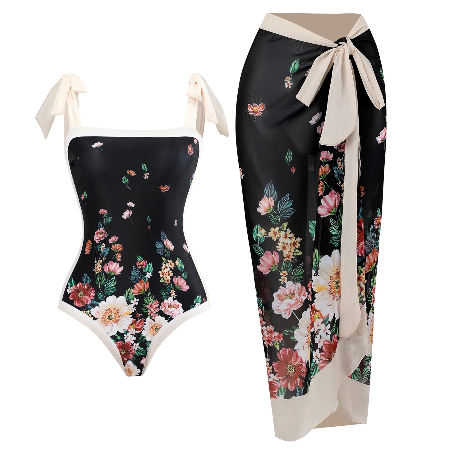 Blue One-Shoulder Ruffle Floral Monokini Swimsuit with Cover Up Sexy One Piece Beach Swimwear for Women Summer
