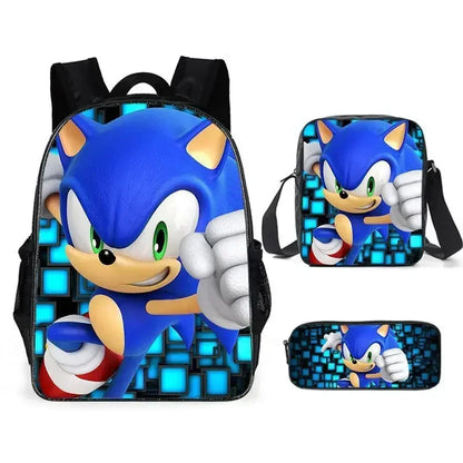 3PC Cartoon School Bag Set – Sonic Lunch Bag, Pencil Case & Backpack for Primary & Middle School Students