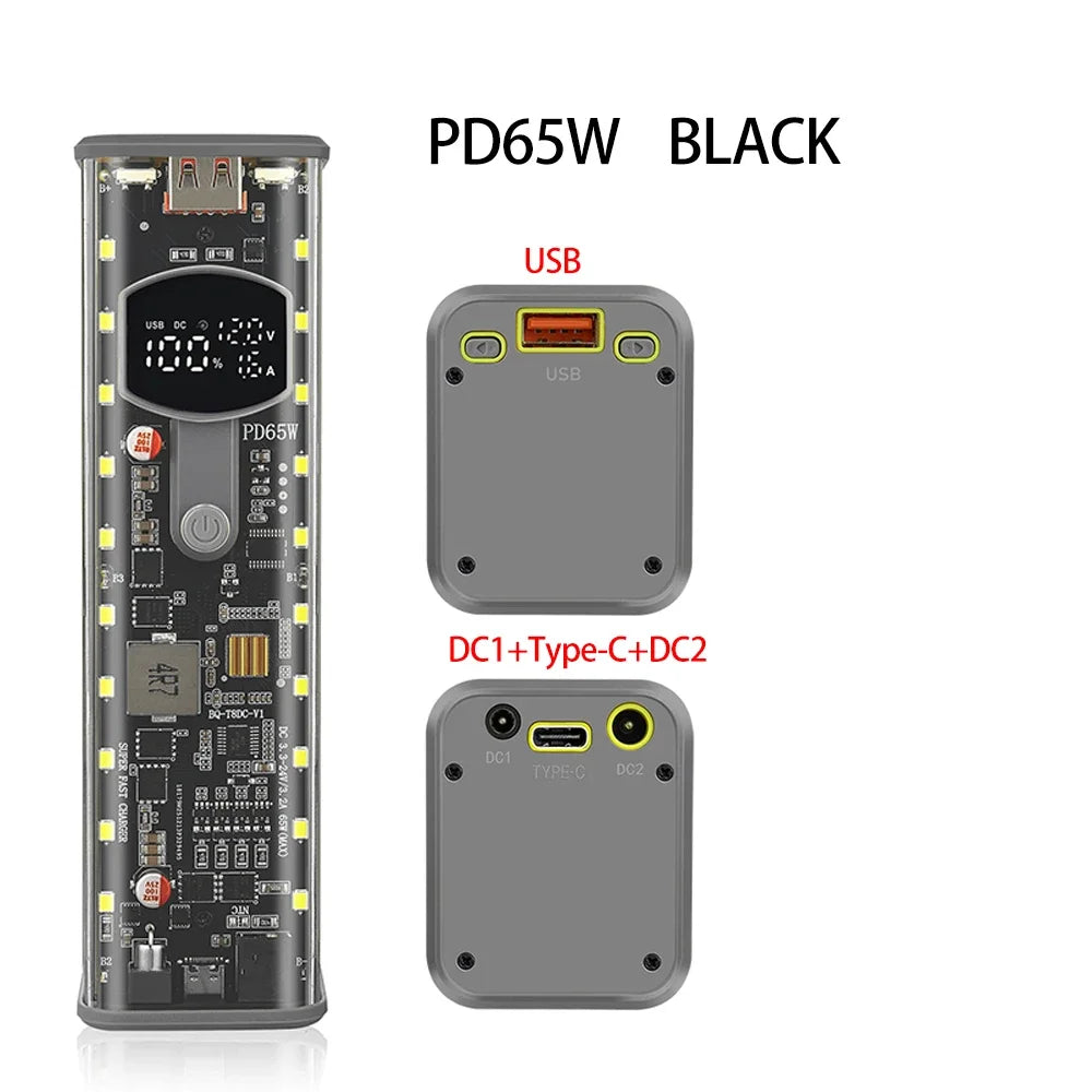 8-Cell 18650 Power Bank Battery Box - PD65W USB Type-C Fast Charging DIY Storage Case with Digital Display