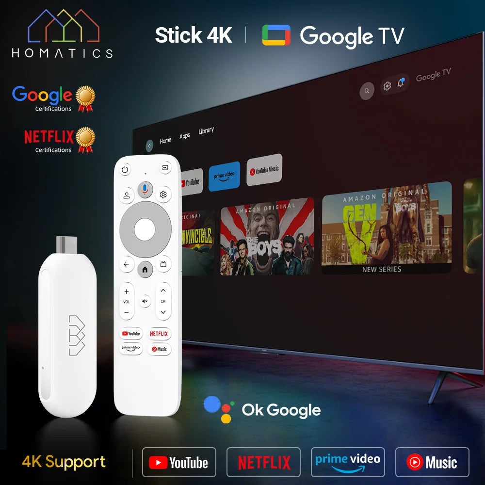 HOMATICS 4K TV Stick – Google Certified, Netflix, 2GB RAM, 32GB ROM, Dolby Atmos, Amlogic S905Y4, WiFi Streaming Box