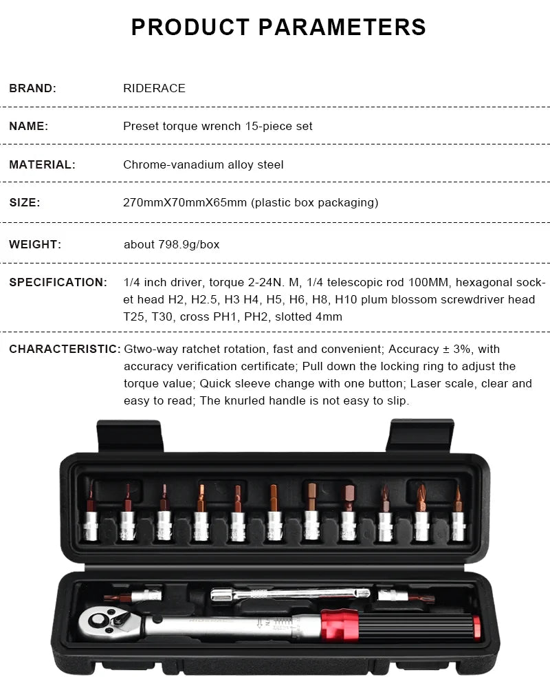 RIDERACE 15PCS Bicycle Torque Wrench Set | 1/4" 2-24Nm Dual Direction Allen Key & Socket Spanner Kit