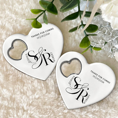 Custom Heart-Shaped Magnet Bottle Opener – 10-30pcs Engraved Bridal Shower & Wedding Party Favors in Bulk