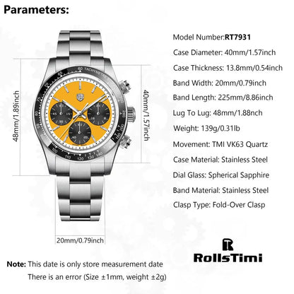 RollsTimi Men's Watch 2024 – Luxury Japan VK63 Quartz Chronograph, Sapphire Glass, Stainless Steel Wristwatch